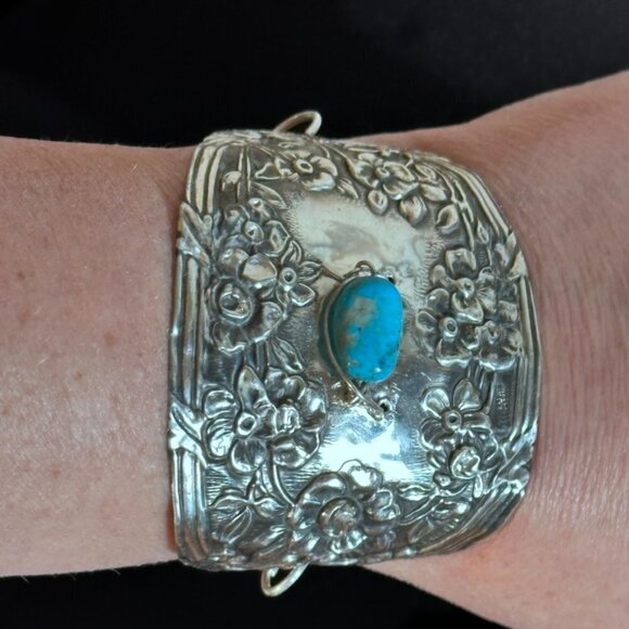 Antique Sterling Silver Cuff Bracelet Sleeping Beauty Turquoise 925 Victorian - Picture 6 of 9